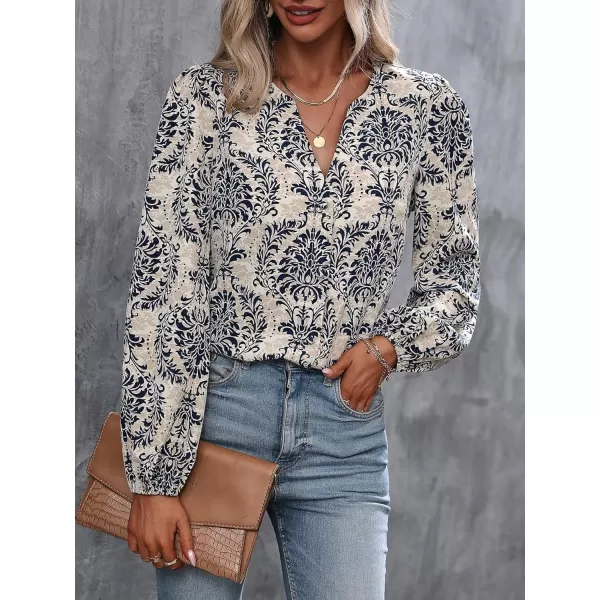 Floerns Women's All Over Print V Neck Blouse Shirt Long Sleeve Casual Work Tops