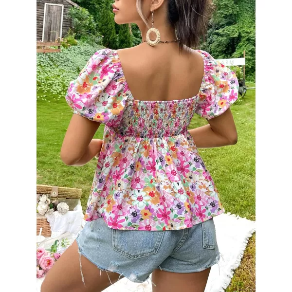 Floerns Women's Allover Floral Print Sweetheart Neck Puff Sleeve Peplum Blouse Top
