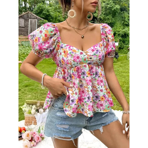 Floerns Women's Allover Floral Print Sweetheart Neck Puff Sleeve Peplum Blouse Top