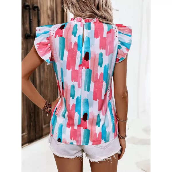 Floerns Women's Allover Print Mock Neck Cap Sleeve Ruffle Trim Casual Blouse Top