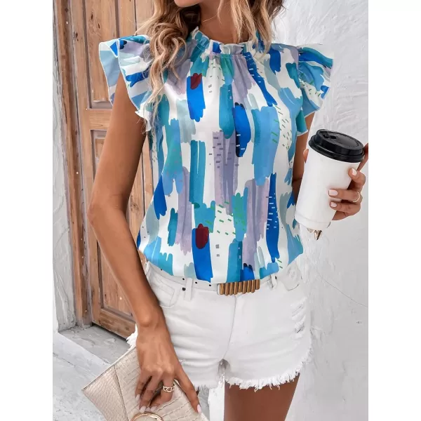 Floerns Women's Allover Print Mock Neck Cap Sleeve Ruffle Trim Casual Blouse Top