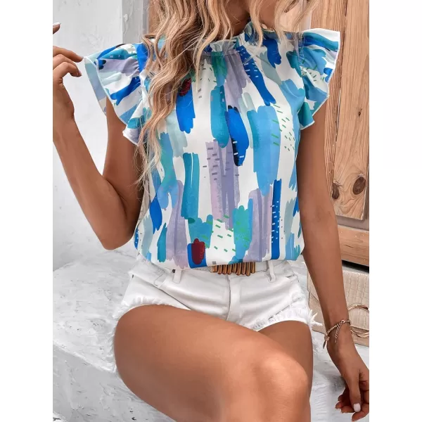 Floerns Women's Allover Print Mock Neck Cap Sleeve Ruffle Trim Casual Blouse Top