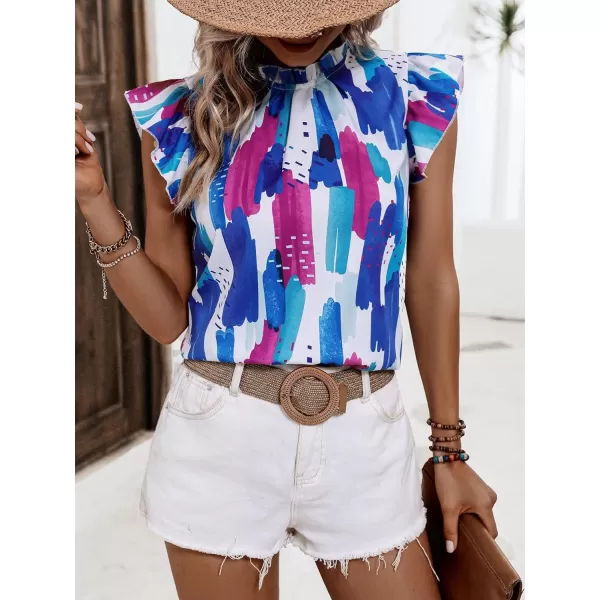 Floerns Women's Allover Print Mock Neck Cap Sleeve Ruffle Trim Casual Blouse Top