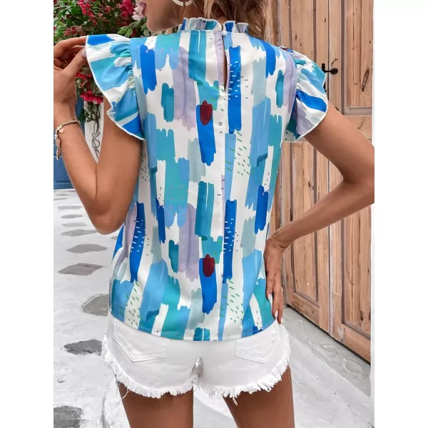 Floerns Women's Allover Print Mock Neck Cap Sleeve Ruffle Trim Casual Blouse Top