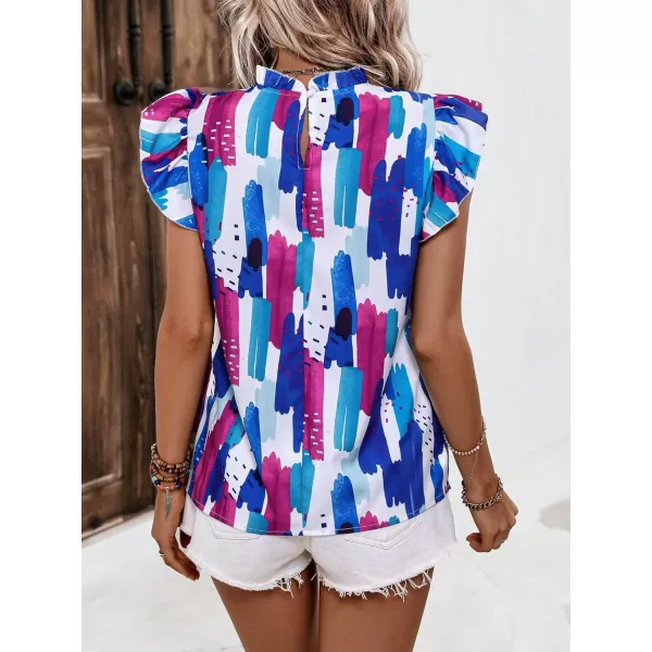 Floerns Women's Allover Print Mock Neck Cap Sleeve Ruffle Trim Casual Blouse Top