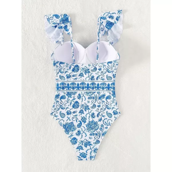 Floerns Women's Allover Print Ruffle Trim Push Up Monokini One Piece Swimsuit