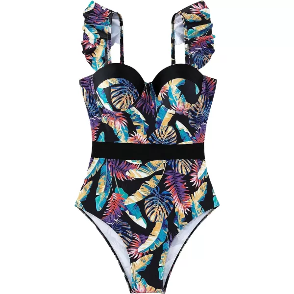 Floerns Women's Allover Print Ruffle Trim Push Up Monokini One Piece Swimsuit