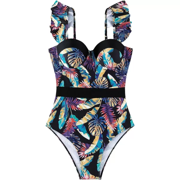 Floerns Women's Allover Print Ruffle Trim Push Up Monokini One Piece Swimsuit