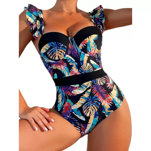 Floerns Women's Allover Print Ruffle Trim Push Up Monokini One Piece Swimsuit