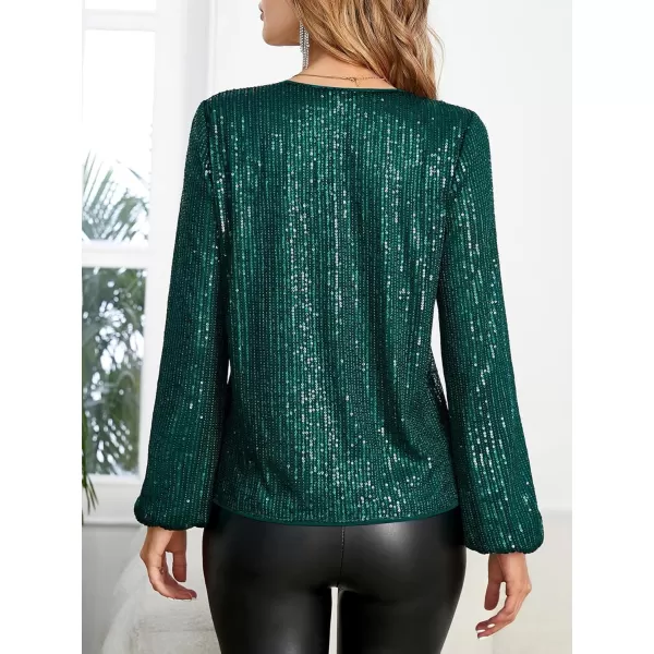 Floerns Women's Bishop Long Sleeve V Neck Contrast Sequin Sparkly Blouse Top