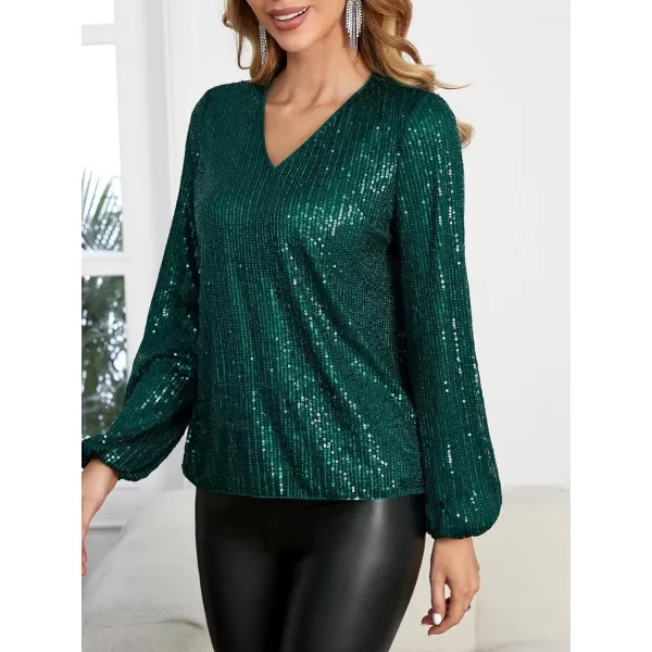 Floerns Women's Bishop Long Sleeve V Neck Contrast Sequin Sparkly Blouse Top