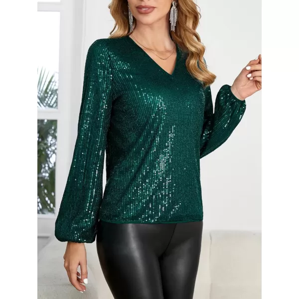 Floerns Women's Bishop Long Sleeve V Neck Contrast Sequin Sparkly Blouse Top