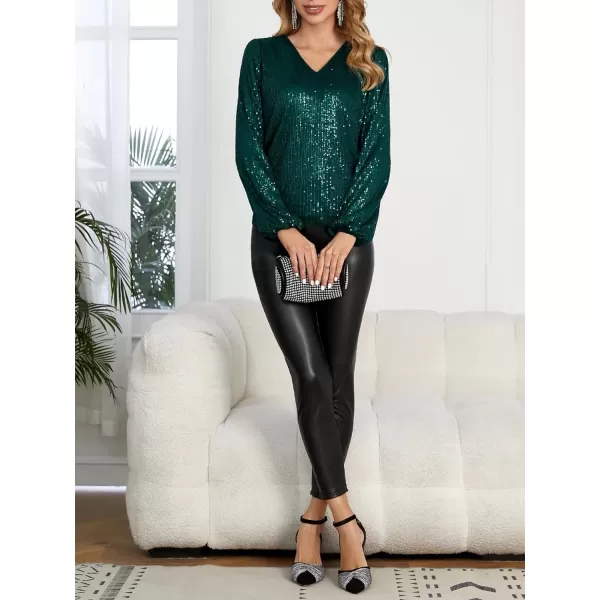 Floerns Women's Bishop Long Sleeve V Neck Contrast Sequin Sparkly Blouse Top