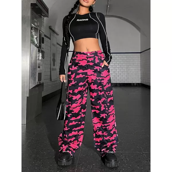 Floerns Women's Camo Print Elastic Waist Straight Cargo Pants with Pockets