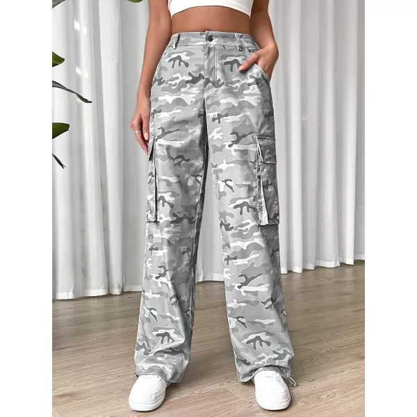 Floerns Women's Camo Print Elastic Waist Straight Cargo Pants with Pockets