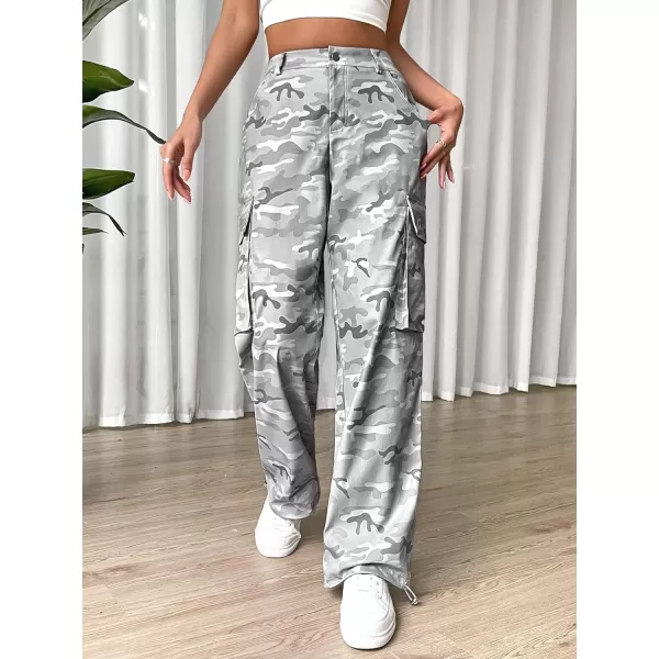 Floerns Women's Camo Print Elastic Waist Straight Cargo Pants with Pockets