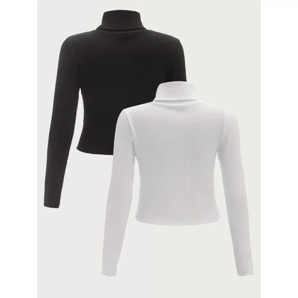 Floerns Women's Casual 2 Pcs Rib Knit High Neck Long Sleeve Tee Tshirt Tops