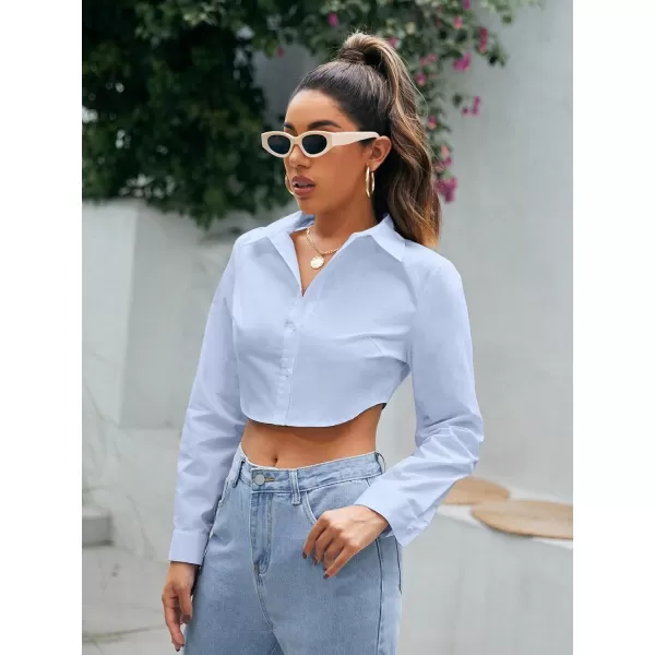 Floerns Women's Casual Button Down Long Sleeve Curved Hem Blouse Crop Tops