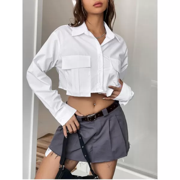 Floerns Women's Casual Button Down Long Sleeve Curved Hem Blouse Crop Tops