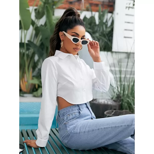 Floerns Women's Casual Button Down Long Sleeve Curved Hem Blouse Crop Tops