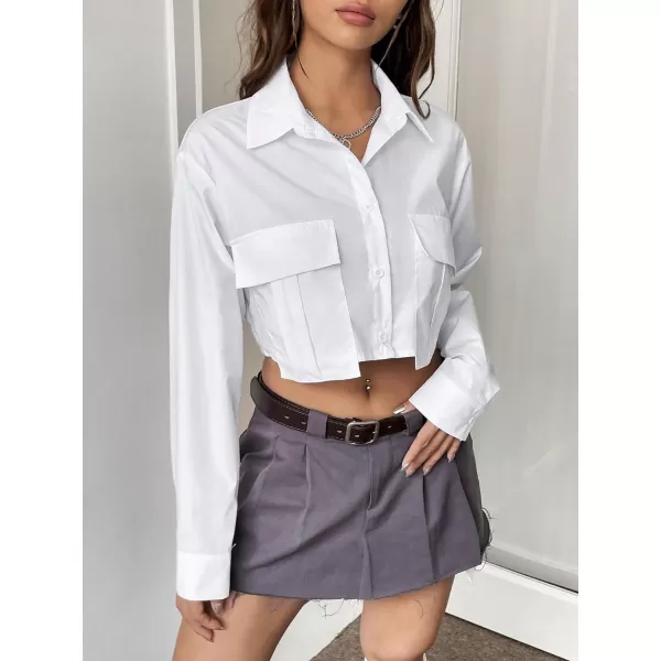 Floerns Women's Casual Button Down Long Sleeve Curved Hem Blouse Crop Tops