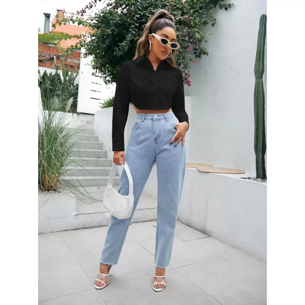 Floerns Women's Casual Button Down Long Sleeve Curved Hem Blouse Crop Tops