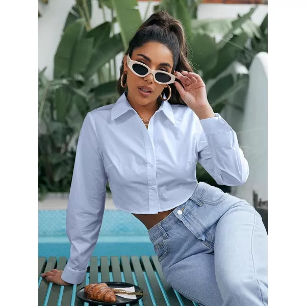 Floerns Women's Casual Button Down Long Sleeve Curved Hem Blouse Crop Tops