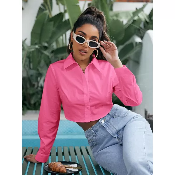 Floerns Women's Casual Button Down Long Sleeve Curved Hem Blouse Crop Tops