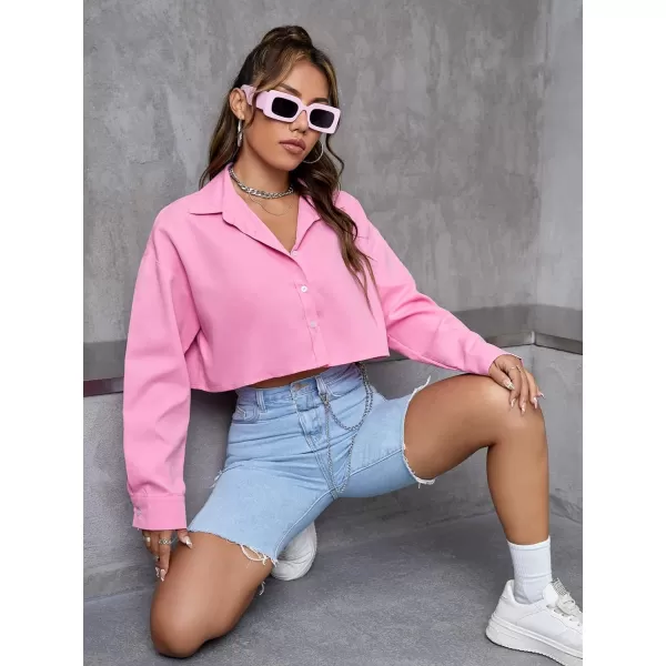 Floerns Women's Casual Button Down Long Sleeve Curved Hem Blouse Crop Tops