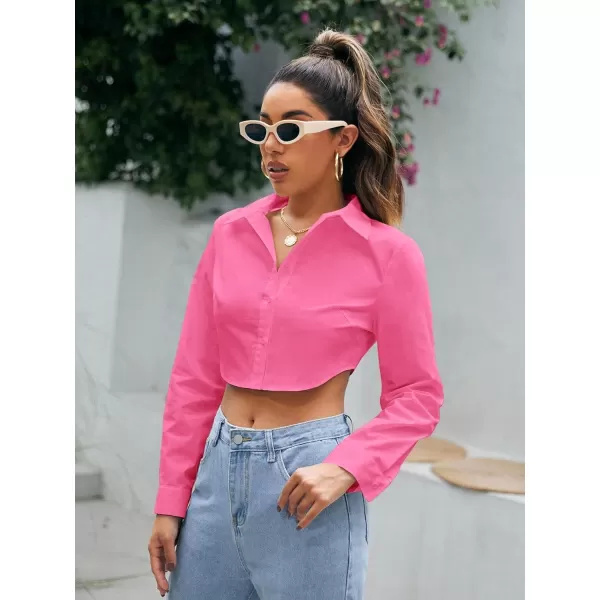 Floerns Women's Casual Button Down Long Sleeve Curved Hem Blouse Crop Tops