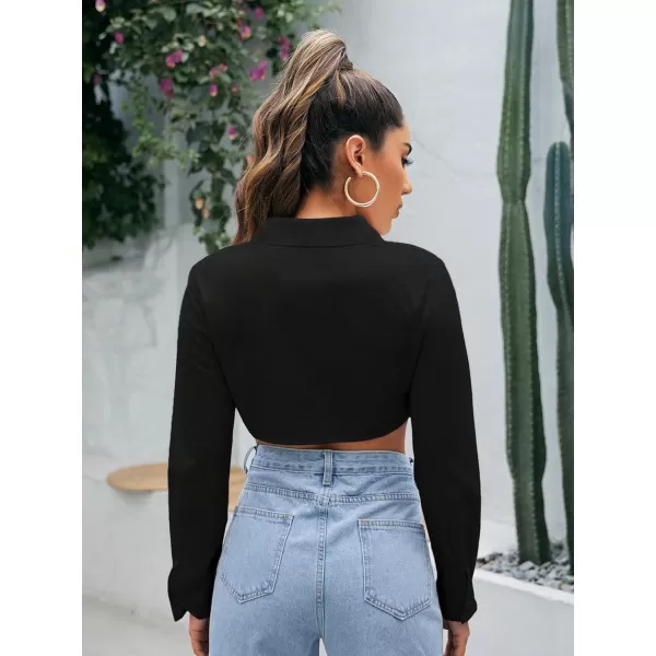Floerns Women's Casual Button Down Long Sleeve Curved Hem Blouse Crop Tops
