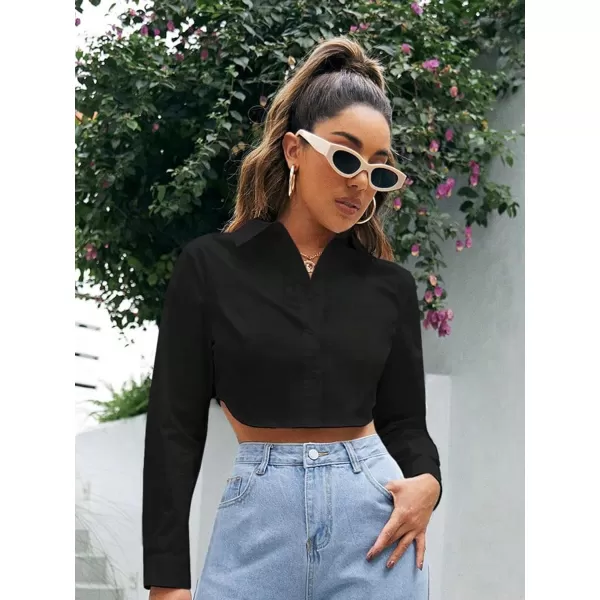 Floerns Women's Casual Button Down Long Sleeve Curved Hem Blouse Crop Tops