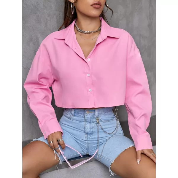 Floerns Women's Casual Button Down Long Sleeve Curved Hem Blouse Crop Tops