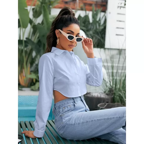 Floerns Women's Casual Button Down Long Sleeve Curved Hem Blouse Crop Tops