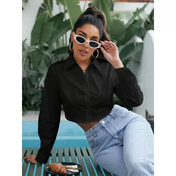 Floerns Women's Casual Button Down Long Sleeve Curved Hem Blouse Crop Tops