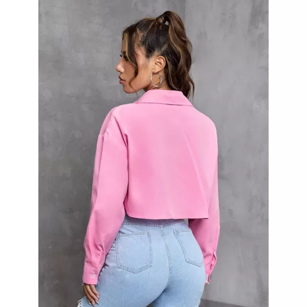 Floerns Women's Casual Button Down Long Sleeve Curved Hem Blouse Crop Tops