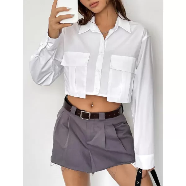 Floerns Women's Casual Button Down Long Sleeve Curved Hem Blouse Crop Tops