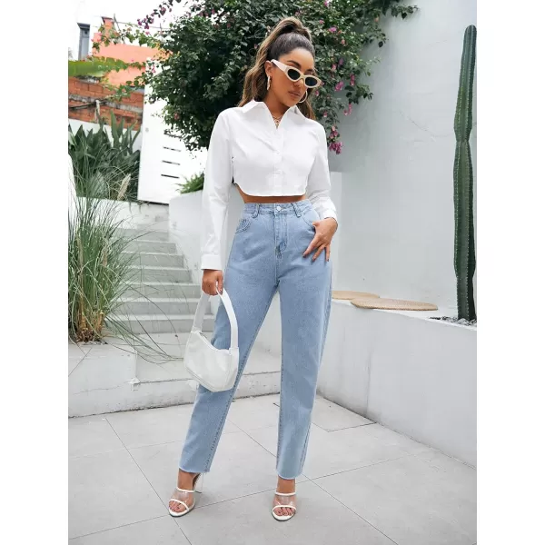 Floerns Women's Casual Button Down Long Sleeve Curved Hem Blouse Crop Tops