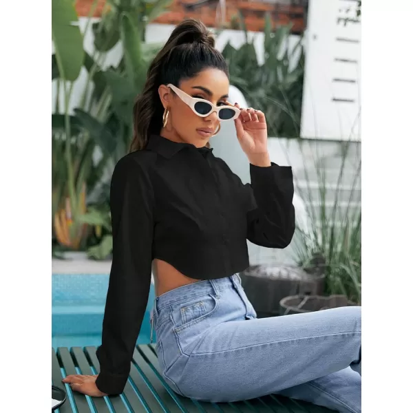 Floerns Women's Casual Button Down Long Sleeve Curved Hem Blouse Crop Tops