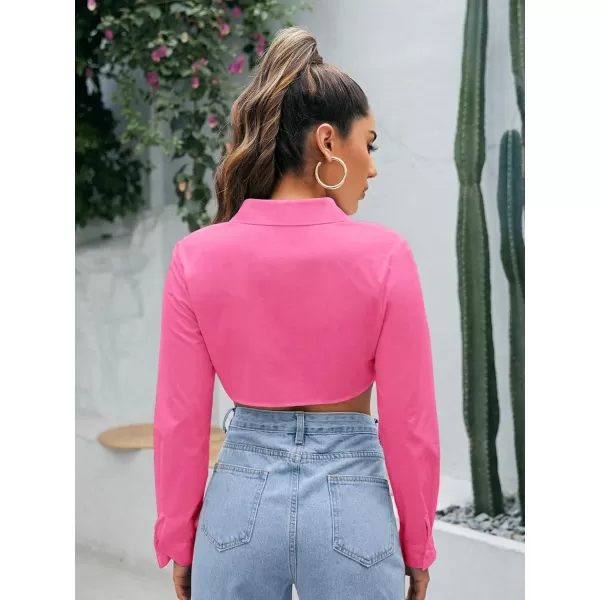 Floerns Women's Casual Button Down Long Sleeve Curved Hem Blouse Crop Tops