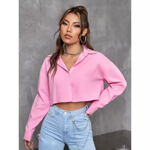 Floerns Women's Casual Button Down Long Sleeve Curved Hem Blouse Crop Tops