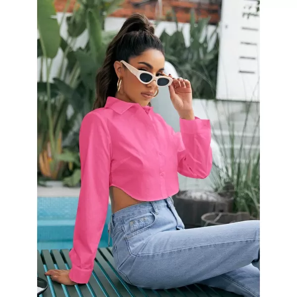 Floerns Women's Casual Button Down Long Sleeve Curved Hem Blouse Crop Tops