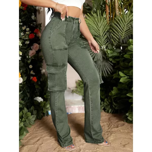 Floerns Women's Casual Flap Pocket High Waist Jeans Workout Denim Cargo Pants