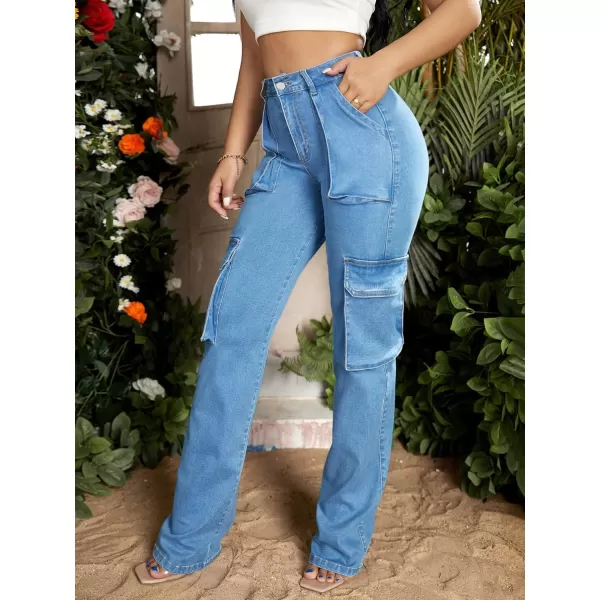 Floerns Women's Casual Flap Pocket High Waist Jeans Workout Denim Cargo Pants