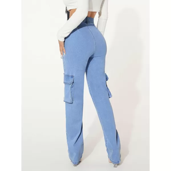 Floerns Women's Casual Flap Pocket High Waist Jeans Workout Denim Cargo Pants