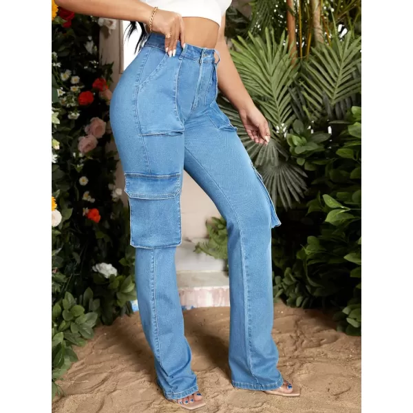 Floerns Women's Casual Flap Pocket High Waist Jeans Workout Denim Cargo Pants