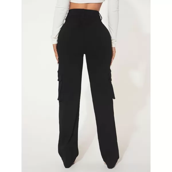 Floerns Women's Casual Flap Pocket High Waist Jeans Workout Denim Cargo Pants