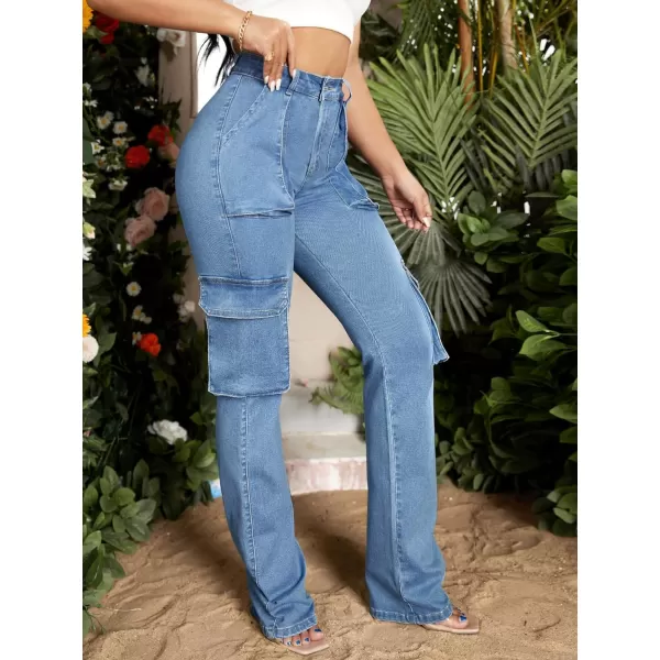 Floerns Women's Casual Flap Pocket High Waist Jeans Workout Denim Cargo Pants