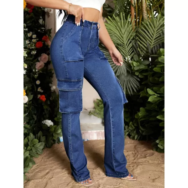 Floerns Women's Casual Flap Pocket High Waist Jeans Workout Denim Cargo Pants