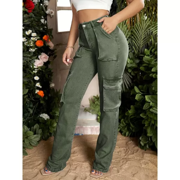 Floerns Women's Casual Flap Pocket High Waist Jeans Workout Denim Cargo Pants